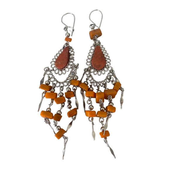 Peruvian orange stone handmade wire earrings carnelian boho tribal kinetic - Picture 2 of 5
